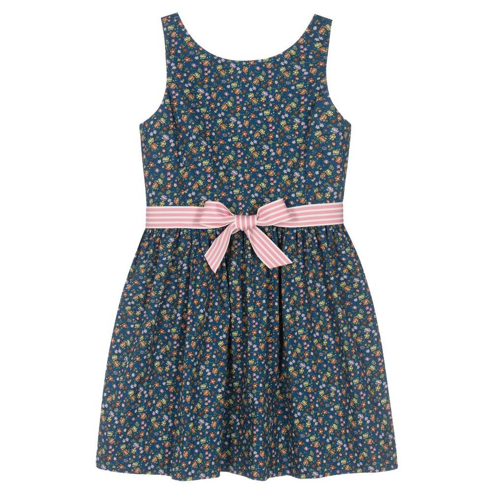 POLO RALPH LAUREN Big Girls Floral Fit and Flare Dress Navy Blue Multicolor